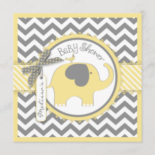 Gult Elephant and Chevron Print Baby Shower Inbjudningar