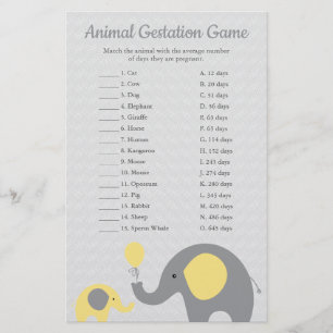 Gult Elephant Animal Gestation Match Shower Game Flygblad