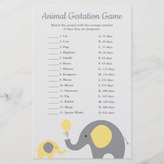 Gult Elephant Animal Gestation Match Shower Game Flygblad (Framsidan)