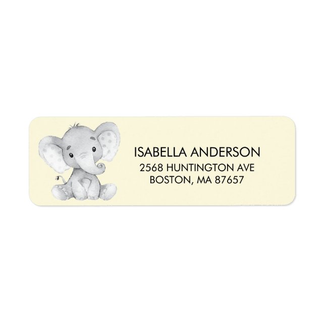 Gult Elephant Baby Shower-adressetikett Returadress Etikett (Framsidan)