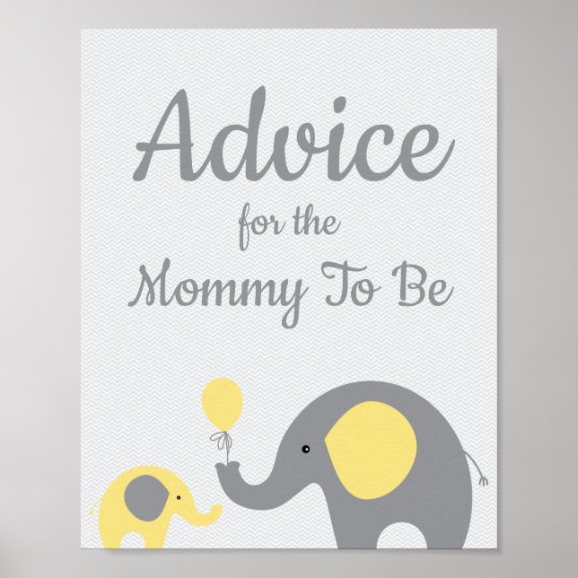 Gult Elephant Baby Shower Advice for Mamma Sign Poster (Framsidan)