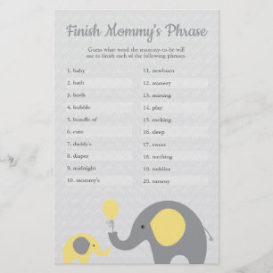 Gult Elephant Baby Shower Avslutar Mamma fras Flygblad