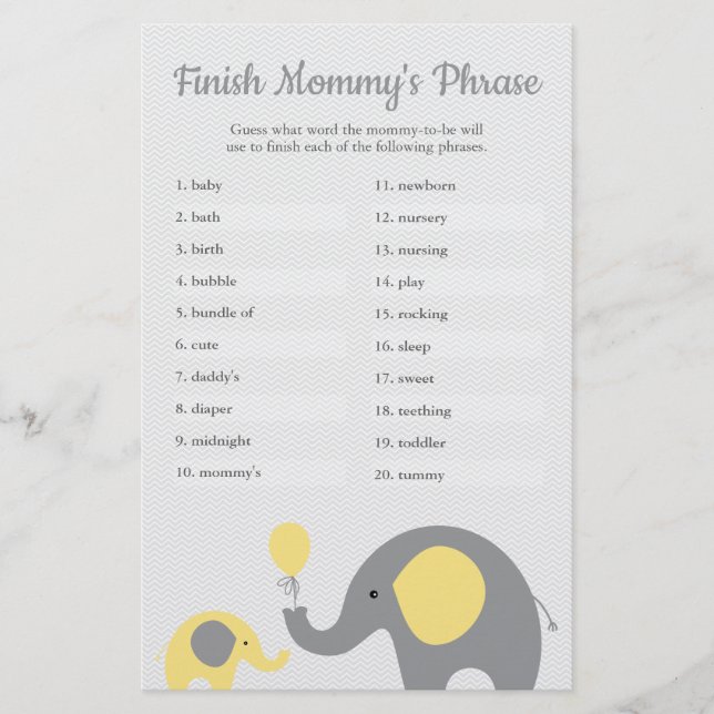 Gult Elephant Baby Shower Avslutar Mamma fras Flygblad (Framsidan)