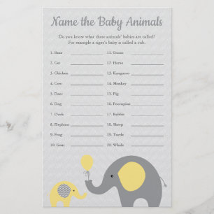 Gult Elephant Baby Shower Baby djur Namn Flygblad