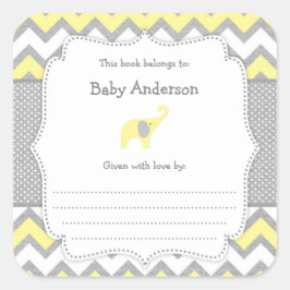 Gult Elephant Baby Shower-bokmärke bok Fyrkantigt Klistermärke