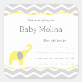 Gult Elephant Baby Shower Bookplate, neutralt Fyrkantigt Klistermärke