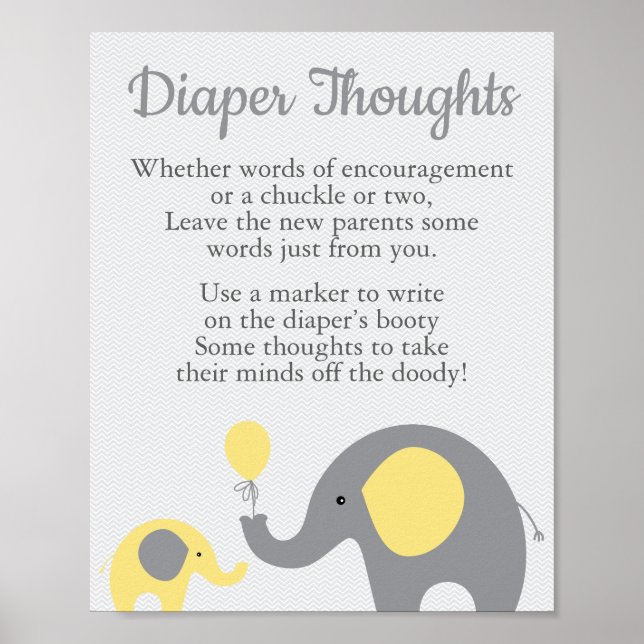 Gult Elephant Baby Shower Diaper Thoughts Sign Poster (Framsidan)