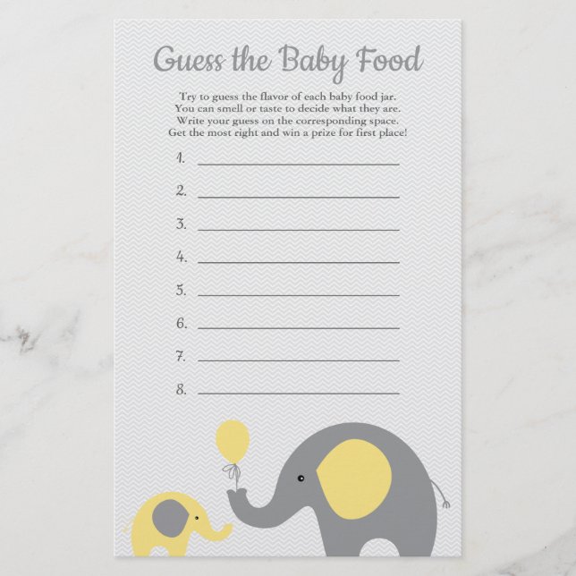 Gult Elephant Baby Shower gissar Baby Food Game Flygblad (Framsidan)