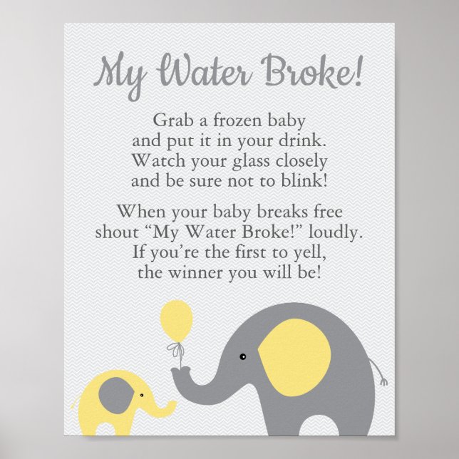 Gult Elephant Baby Shower My Vatten Fattig Sign Poster (Framsidan)