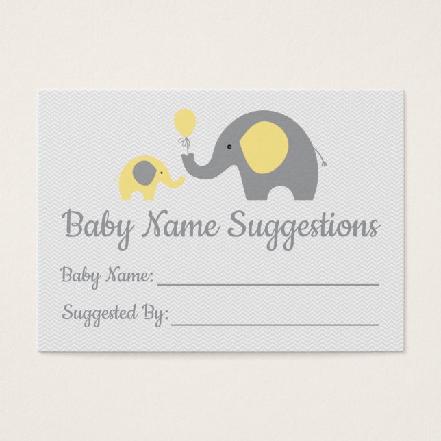 Gult Elephant Baby Shower Namn förslagskort Visitkort (Framsidan)