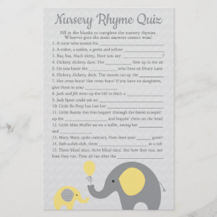 Gult Elephant Baby Shower Nursery Rhyme Quiz Flygblad