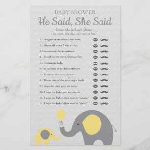 Gult Elephant Baby Shower sa att hon sa att spel Flygblad