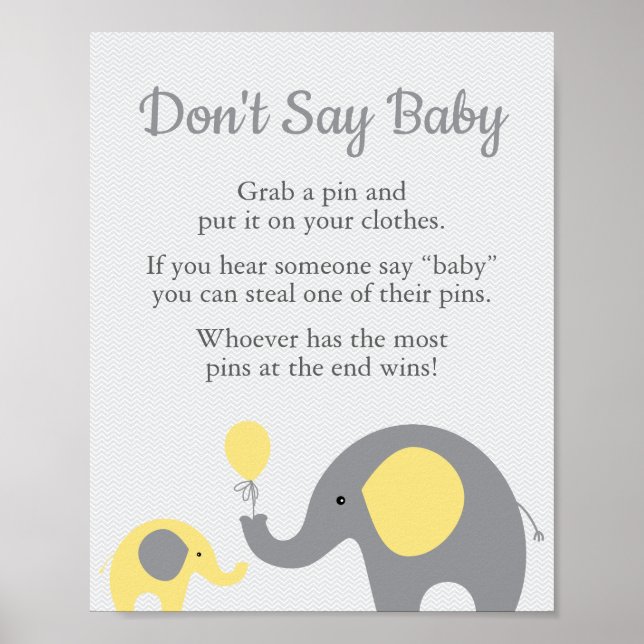 Gult Elephant Baby Shower Säg inte Baby-tecken Poster (Framsidan)