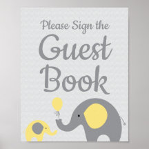 Gult Elephant Baby Shower Sign Guest Bok-tecken