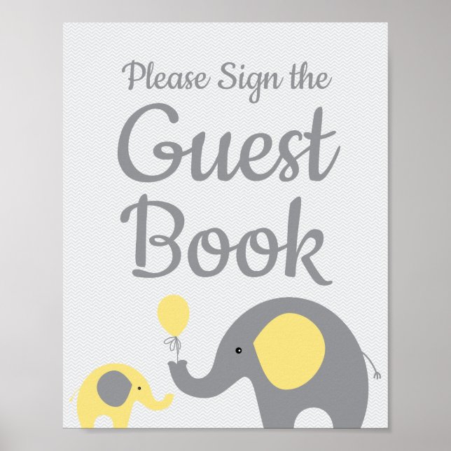 Gult Elephant Baby Shower Sign Guest Bok-tecken Poster (Framsidan)