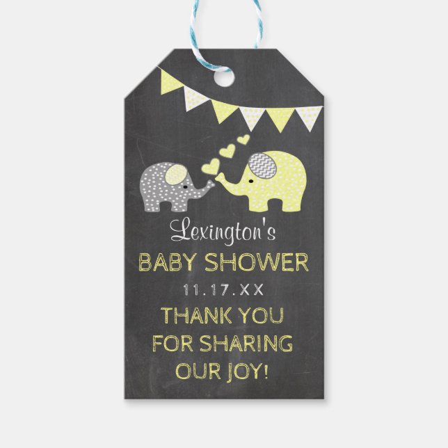 Gult Elephant Baby Shower Tack Chalkboard Presentetikett (Framsidan)
