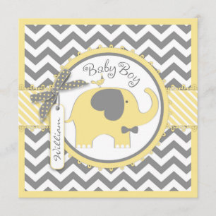 Gult Elephant Bow-tie Chevron Print Baby Shower Inbjudningar