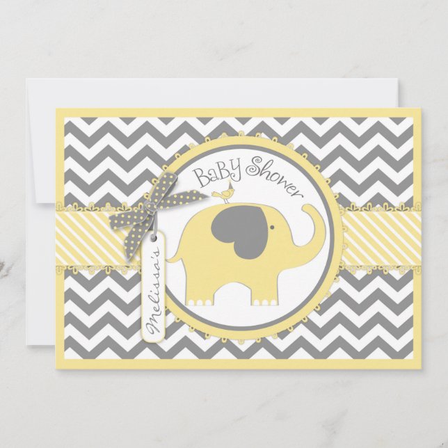 Gult Elephant Chevron Print Baby Shower Inbjudningar (Framsida)