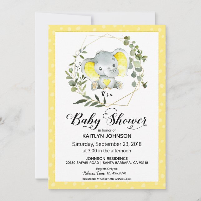 Gult Elephant Modern Baby Shower Inbjudningar (Framsida)