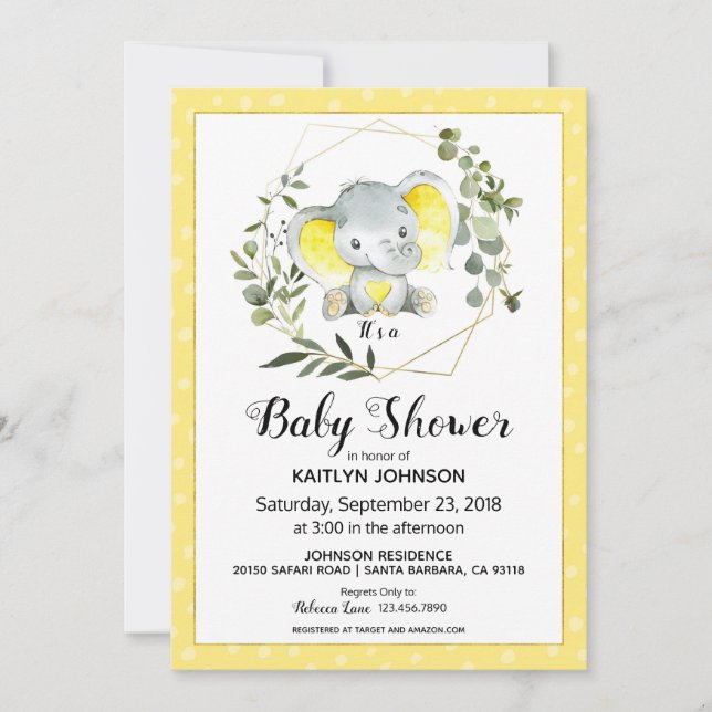 Gult Elephant Modern Baby Shower Inbjudningar (Framsida)