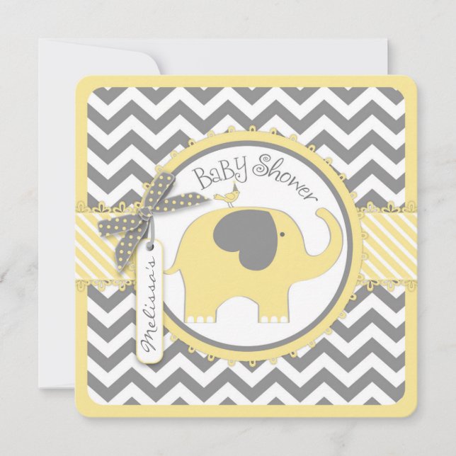 Gult Elephant och Chevron Print Baby Shower Inbjudningar (Framsida)
