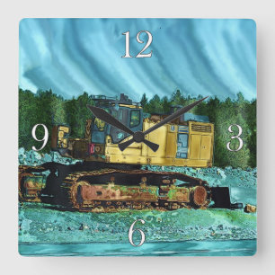 Gult Excavator Earth-Mover Art Gift Fyrkantig Klocka