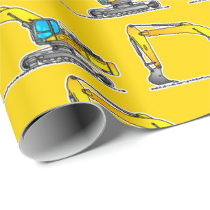 Gult Excavator Gift Wrap, Byggnad Construction Presentpapper