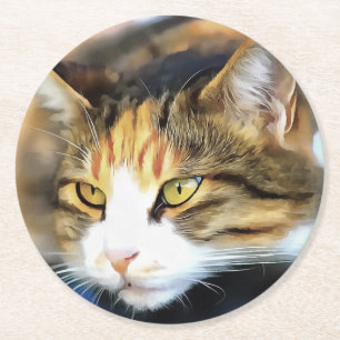 Gult Eyed Calico Cat Realistic Pet Porträtt Underlägg Papper Rund