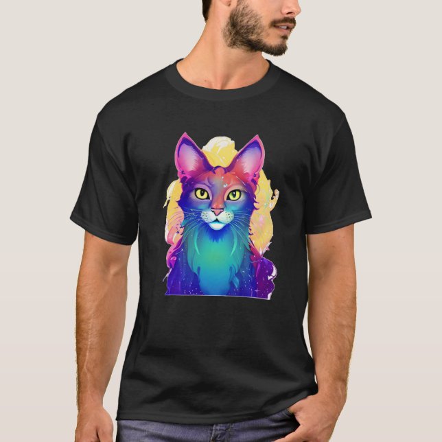 Gult Eyed Colorful Cat T Shirt (Framsida)