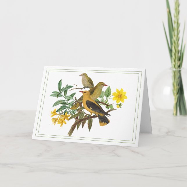 Gult Fåglar med botaniska blommor Kort (Framsida)