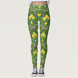 Gult, fåglar och fjärilar leggings