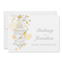 Gult fåglar öppna bur personligt bröllp inbjuden