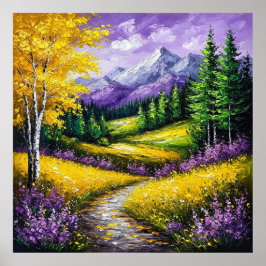 Gult Fält, blommor, Snö-socklade berg Poster