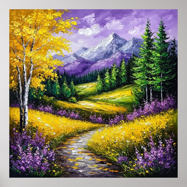 Gult Fält, blommor, Snö-socklade berg Poster (Framsidan)