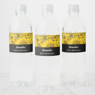 Gult Fält i solblommor, foto från födelsedag Vattenflaskor Etikett
