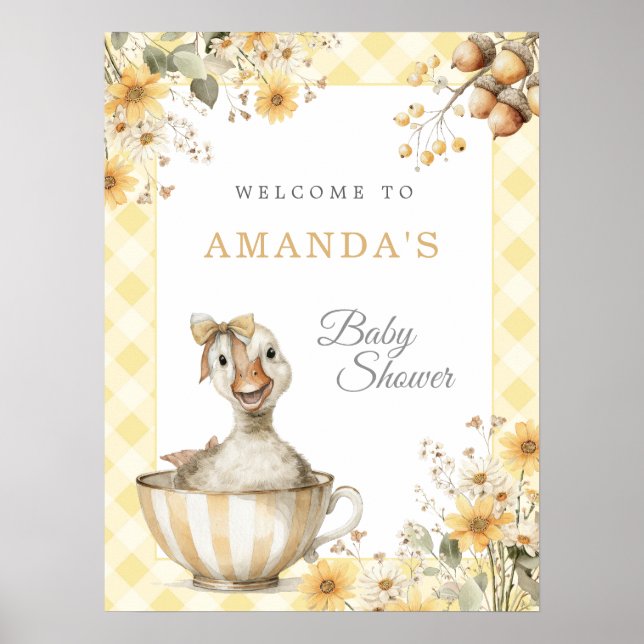 Gult Fåniget Goose Baby Shower Välkomstskylt Poster (Framsidan)