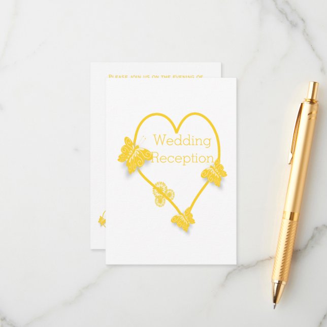 Gult Färgad Butterfly Heart Bröllopsmottagning Tilläggskort (Fram/Back In Situ)