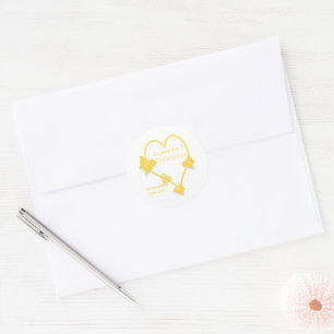 Gult Färgad Butterfly Heart Design Bröllop Runt Klistermärke
