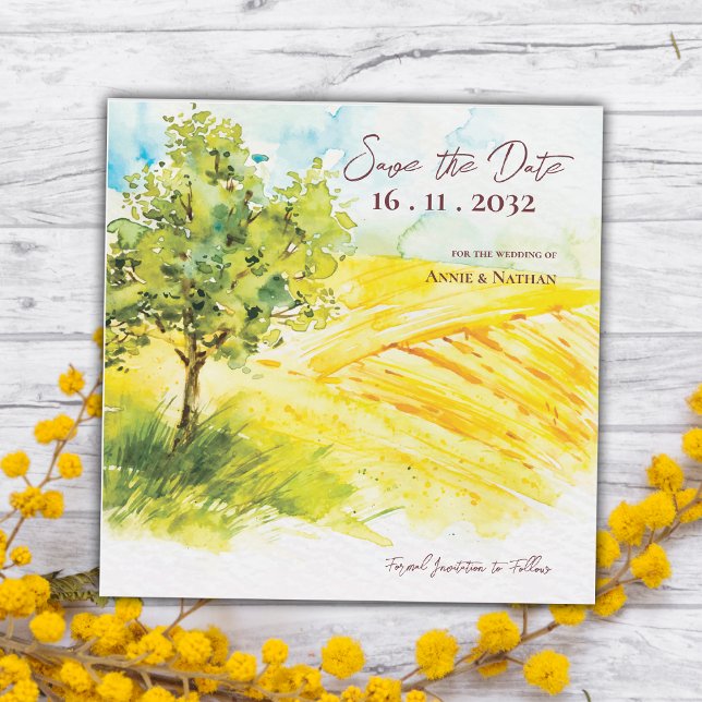 Gult Farmland Landskap Bröllop spara datum (Yellow Farmland Landscape Wedding Save the Date)