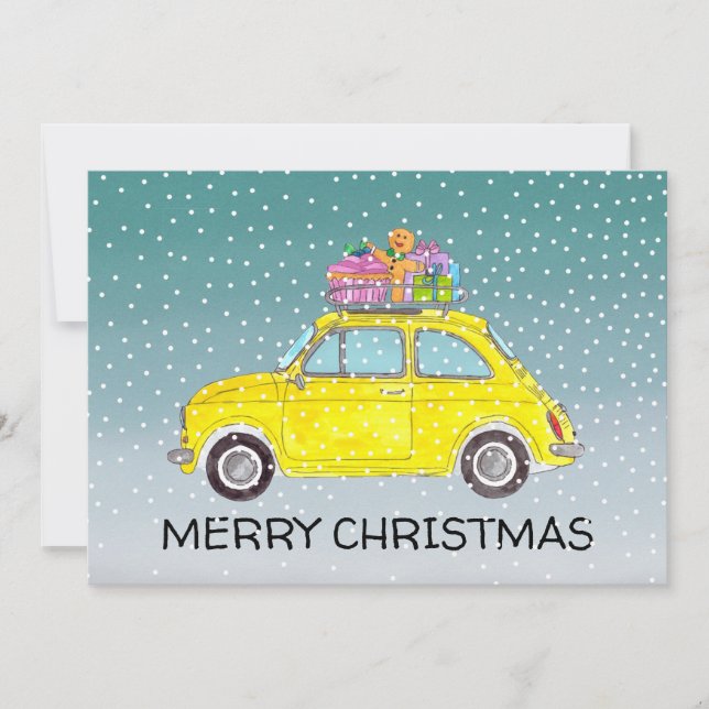 Gult Fiat 500 med Helgdag julklappar Julkort (Framsida)