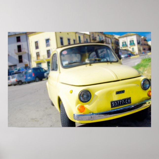Gult Fiat 500, vintage Cinquecento i Italien Poster (Framsidan)