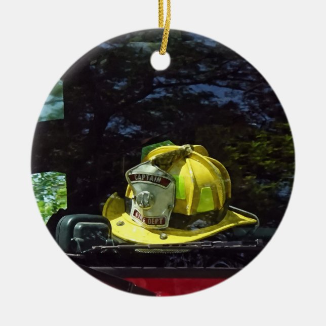 Gult Fire Kapten's Helmet Julgransprydnad Keramik (Framsidan)