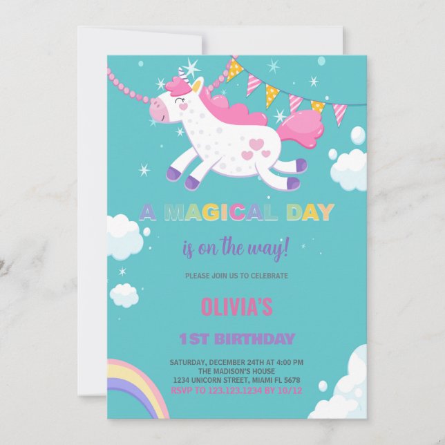 Gult Flaggor Unicorn Birthday-inbjudningar Inbjudningar (Framsida)