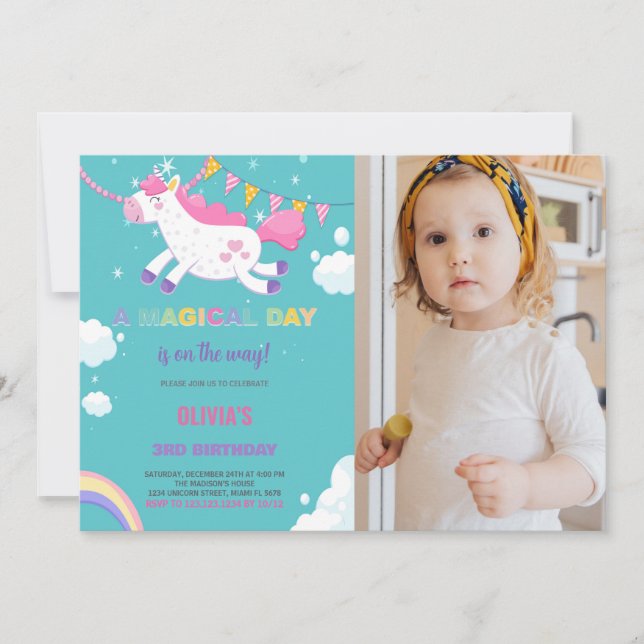 Gult Flaggor Unicorn Birthday-inbjudningar med fot Inbjudningar (Framsida)