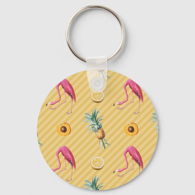 Gult Flamingo Mango Lemon Mönster Nyckelring (Framsida)