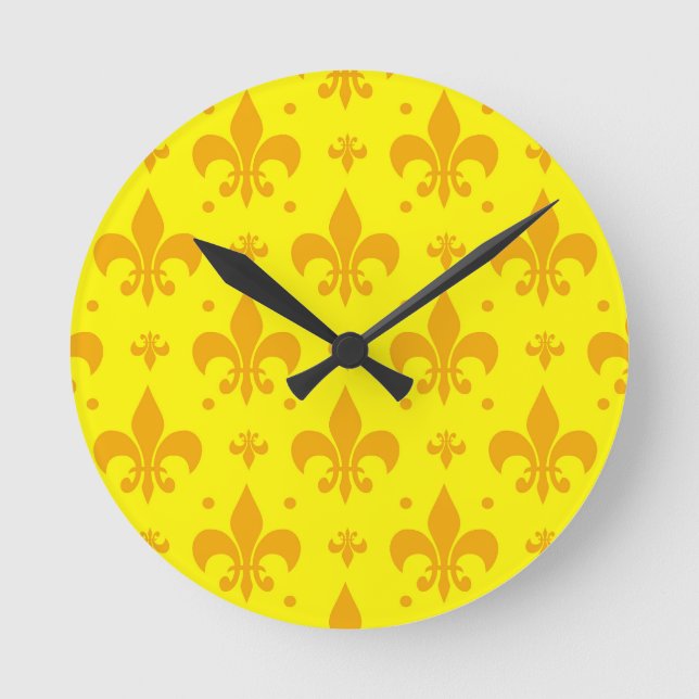 Gult Fleur-de-lis Mönster Design Rund Klocka (Framsida)