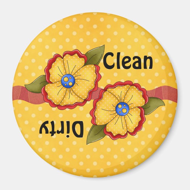 Gult Flower Clean Dirty Dishwasher Magnet (Framsidan)