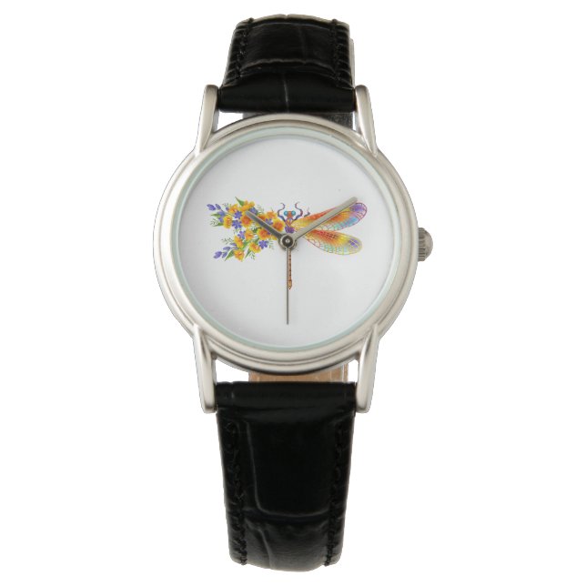 Gult Flower Dragonfly Armbandsur (Framsida)