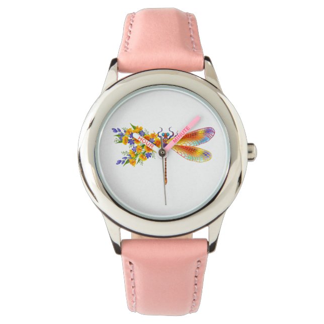 Gult Flower Dragonfly Armbandsur (Framsida)