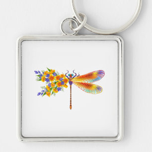 Gult Flower Dragonfly Fyrkantig Silverfärgad Nyckelring
